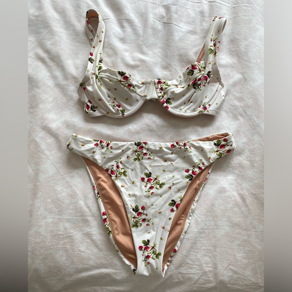 J. crew white strawberry print underwire high rise cheeky bikini set